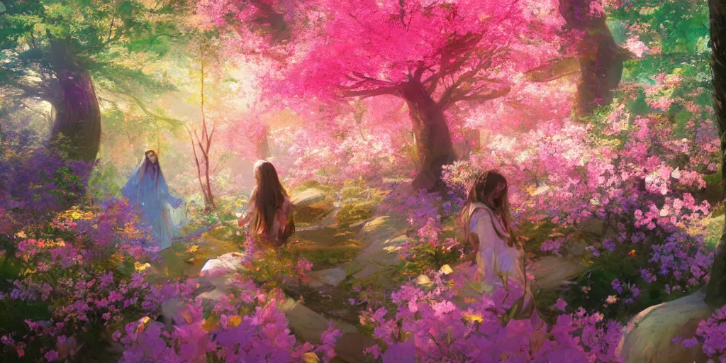 Image similar to spiritual journey through an infinite glowing colorful magical forest, sakura trees, sakura season dynamic lighting, landscape, artwork by jeremy lipkin and giuseppe dangelico pino and michael garmash and rob rey and greg manchess and huang guangjian and makoto shinkai, pixiv, 1 0 0 mm