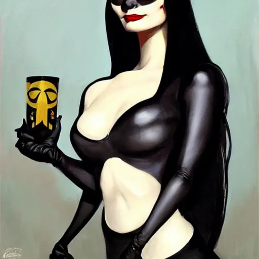 Image similar to greg manchess portrait painting of morticia from addams family as overwatch character, medium shot, asymmetrical, profile picture, organic painting, sunny day, matte painting, bold shapes, hard edges, street art, trending on artstation, by huang guangjian and gil elvgren and brom