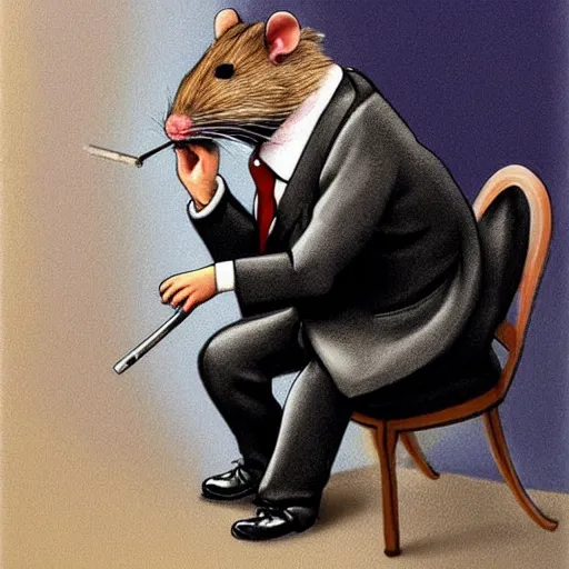 Prompt: hyperrealistic rat in a suit smoking a cigarette after a long day of worm