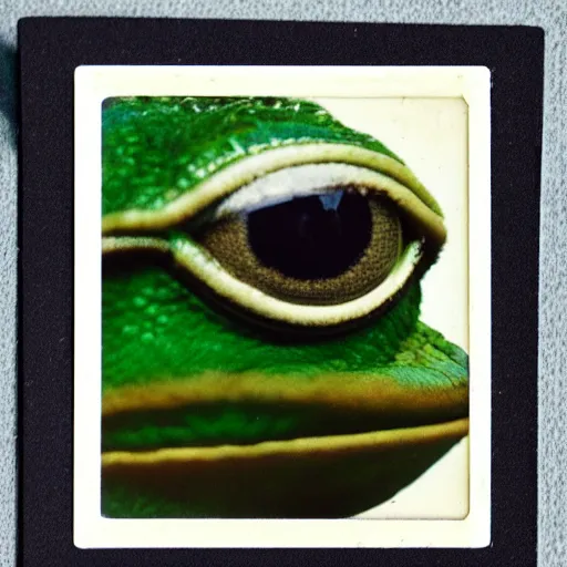 Image similar to pepe the frog, realistic old photograph, polaroid