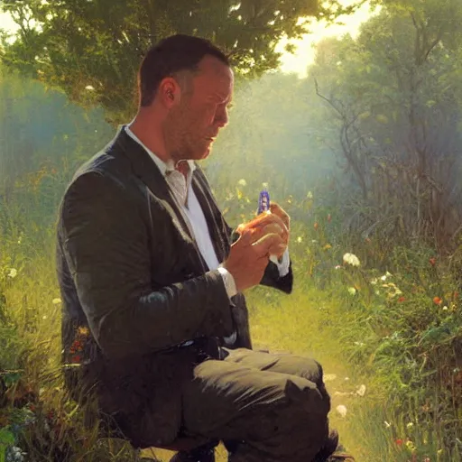 Image similar to alex jones begging on the side of the road, award winning painting by stanley artgerm lau, greg rutkowski, thomas kindkade, alphonse mucha, loish, norman rockwell,