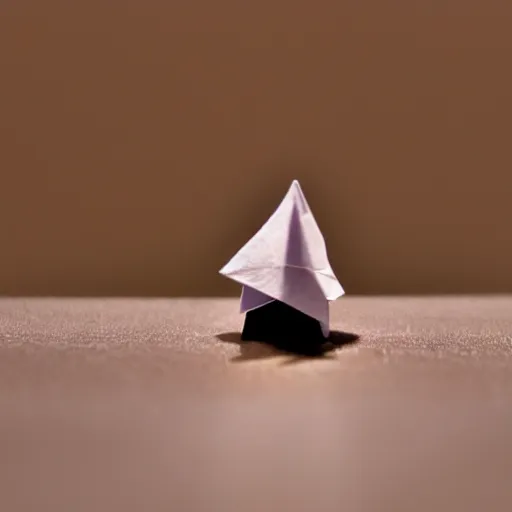 Image similar to close up photo of a small origami gnome, cinematic, shallow dof, 3 5 mm, 4 k, macro