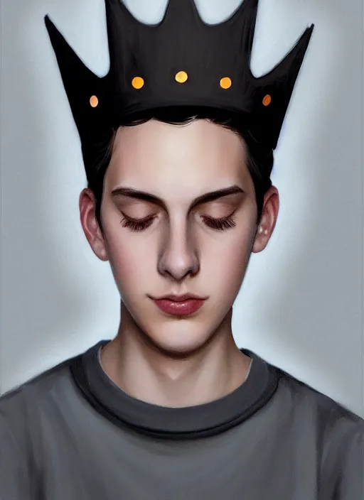 Image similar to portrait of teenage jughead jones wearing a light grey crown, photorealistic, crown, eyes closed, crown, black hair, intricate, elegant, glowing lights, highly detailed, digital painting, artstation, concept art, smooth, sharp focus, illustration, art by wlop, mars ravelo and greg rutkowski