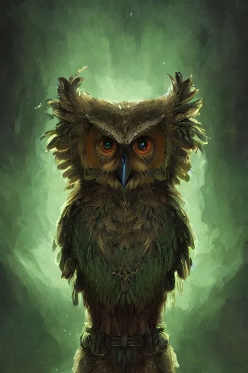 Prompt: a beautiful upper body shot from a fantasy film of a humanoid iridescent green owlbear wearing a loose tunic. an anthropomorphic owlbear. fantasy, frown, intricate, elegant, highly detailed, digital painting, artstation, concept art, matte, sharp focus, illustration, art by artgerm and greg rutkowski and alphonse mucha