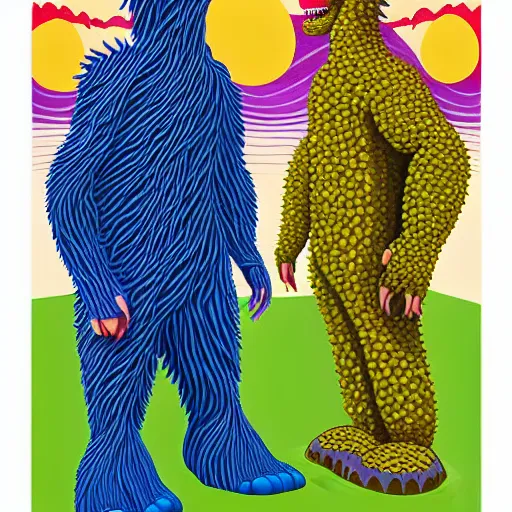 Prompt: adam and eve bigger than godzilla, monument valley art style, smooth painting, each individual seeds have ultra high detailed, 4 k, illustration, comical, acrylic paint style, pencil style, torn cosmo magazine style, pop art style, ultra realistic, underrated, by mike swiderek, jorge lacera, ben lo, tyler west