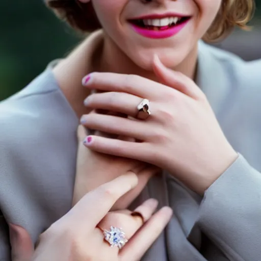 Image similar to A photo of laugh emma watson show wedding ring on his fingers. 50 mm. perfect ring. award winning photography