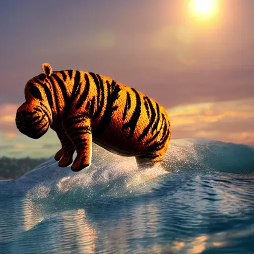 Image similar to a closeup photorealistic photograph of a cute smiling knitted tiger hippopotamus chasing a beachball at sunset. surf in the background. professional capture. this 4 k hd image is trending on artstation, featured on behance, well - rendered, extra crisp, features intricate detail, epic composition and the style of unreal engine.