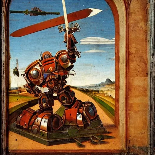 Image similar to a giant mech with a sword, renaissance art