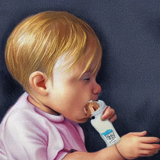 Image similar to digital art of a baby drinking milk from a baby bottle with great contentment.