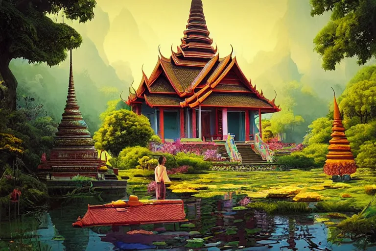 Prompt: summer morning, thai temple, rolling mountain, very coherent and colorful high contrast, art by gediminas pranckevicius, geof darrow, dark shadows, hard lighting