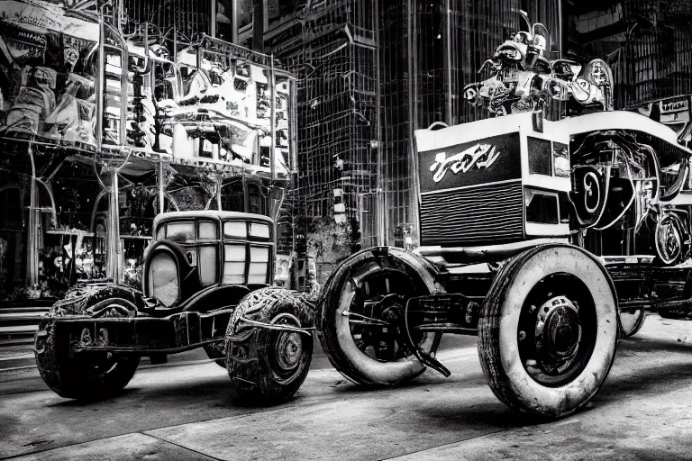 Prompt: cyberpunk 1 9 0 8 model ford t by paul lehr, metropolis, vintage, robotic, black and white photo
