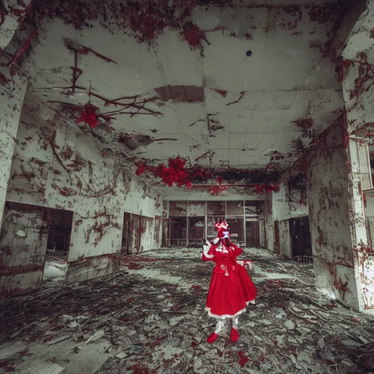 Prompt: atmospheric Polaroid photo of a reimu hakurei cosplayer in an abandoned facility