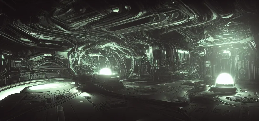 Image similar to dramatic render of interior of dark futuristic spaceship engine room at night, only light source is the large neon battery in the centre, ambient occlusion, raytracing, unreal engine,, detailed, 3 d artstation by h. r giger