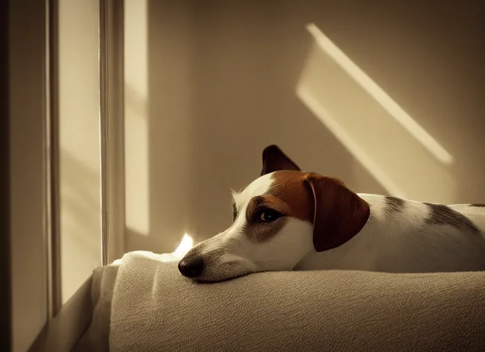 Image similar to photography of a Jack Russel . watching outside the window. on a bed. in a vintage room full of vinyls and posters.,volumetric light, photorealistic,, award winning photo, 100mm, sharp, high res