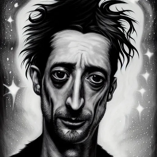 Image similar to stunning portrait of gaunt adrien brody a ( the cure fan ) as dream from sandman, dim stars as eyes, by jeremy mann, by cedric peyravernay, by by russ mills, by richard avedon and ben templesmith, dramatic lightning, sadness, dark eye sockets, in the shadows, punk rock, gothic, high detailed, 8 k