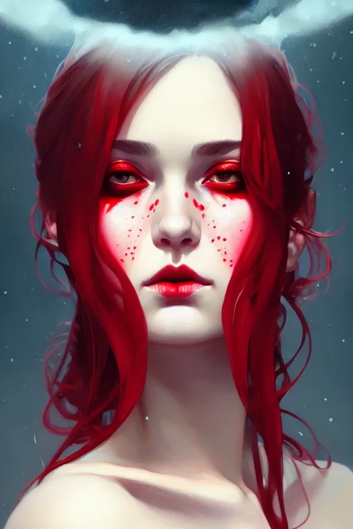 Image similar to a beautiful girl with red makeup in the eyes, fantasy, portrait, sharp focus, intricate, elegant, digital painting, artstation, matte, highly detailed, concept art, illustration, ambient lighting, art by ilya kuvshinov, artgerm, Alphonse mucha, and Greg Rutkowski