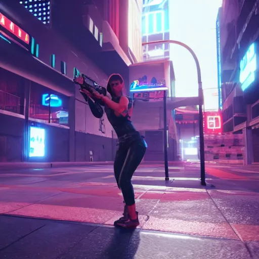 Prompt: Jess bush aiming a pistol, sweating during a fight in night city, cyberpunk, 8k ultra realistic, award winning, unreal engine 5, masterpiece