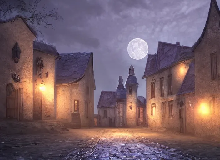 Prompt: medieval vampire village, moon light, gas lighting, stone roads, digital art, unreal engine