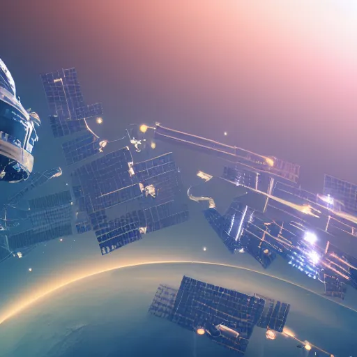 Image similar to gigantic city seen from spce with cinematic light, 8 k landscape render, space station flying in the sky