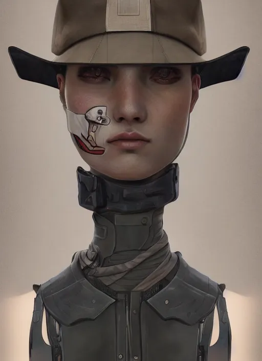 Prompt: a painted gender ambiguous person, fused body parts, military clothing, combat visor, anime style, short hair mullet, symmetrical facial features, from arknights, hyper realistic, 4 k, rule of thirds, extreme detail, detailed drawing, trending artstation, hd, realistic lighting, by alphonse mucha, greg rutkowski, shoulder eyes, backlit