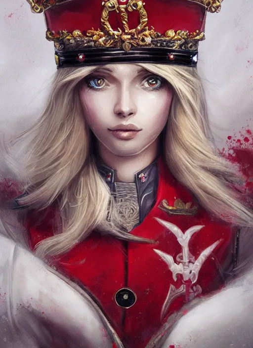Prompt: a highly detailed illustration of beautiful long dirty blonde haired pale girl wearing red epaulette uniform, wearing crown, red eyes, dramatic seductive pose, intricate, elegant, highly detailed, centered, digital painting, artstation, concept art, smooth, sharp focus, league of legends concept art, WLOP