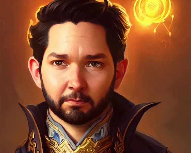 Image similar to a portrait of alexis ohanian as a wizard, handsome, deep focus, d & d, fantasy, intricate, elegant, highly detailed, digital painting, artstation, concept art, matte, sharp, illustration, hearthstone, art by artgerm and greg rutkowski and alphonse mucha