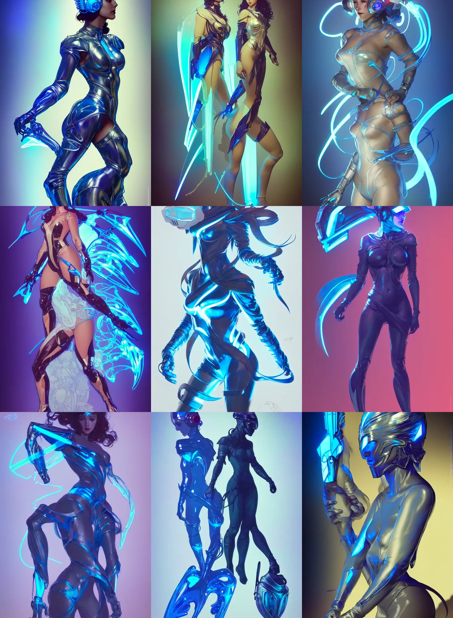 Image similar to a full body character design by artgerm, greg rutkowski and alphonse mucha. sci - fi dagger. laser and fluorescent blue translucent plastic tape project show attctive showgirl!! sci - fi helmet!! sharp edges. contour light effect!!. ultra detailed, elegant, intricate, octane render.