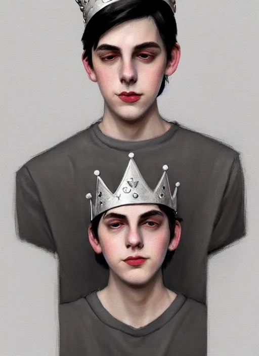 Image similar to portrait of teenage jughead jones wearing a light grey crown, photorealistic, crown, eyes closed, crown, black hair, intricate, elegant, glowing lights, highly detailed, digital painting, artstation, concept art, smooth, sharp focus, illustration, art by wlop, mars ravelo and greg rutkowski