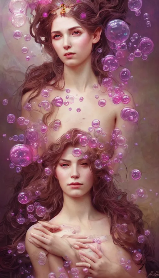 Image similar to portrait of magical dream goddess, ethereal, expressive pose, pink eyes, peaceful expression, ornate frilly dress, fantasy, intricate, elegant, many rainbow bubbles, highly detailed, digital painting, artstation, concept art, smooth, sharp focus, illustration, art by artgerm and greg rutkowski and alphonse mucha