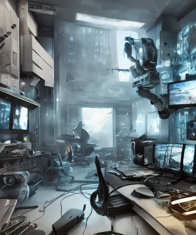 Image similar to artstation scifi scene of a complex computer workstation in a small studio apartment room, many monitors, many electronics, a window view, very detailed, maximalism, ambient occlusion, volumetric light, sun beam, atmospheric haze, unreal engine, hyper realism, realistic shading, cinematic composition, realistic render, octane render, detailed textures, photorealistic, wide shot