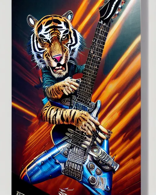 Image similar to a portrait of an anthropomorphic cyberpunk roaring tiger shredding an electric guitar as the guitar melts by sandra chevrier, by jon foster, detailed render, tape deck, epic composition, cybernetics, 4 k realistic, cryengine, realistic shaded lighting, sharp focus, masterpiece, by enki bilal