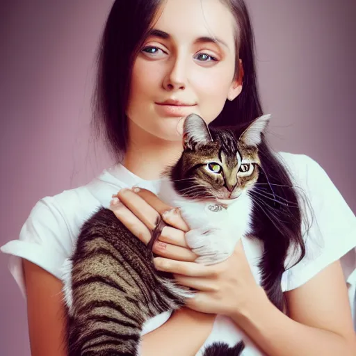 Image similar to a girl with long dark hair holding a cat in her arms, pexels contest winner, rasquache, high quality photo, rtx, hd, shiny eyes, a renaissance painting by sailor moon, anime, anime aesthetic