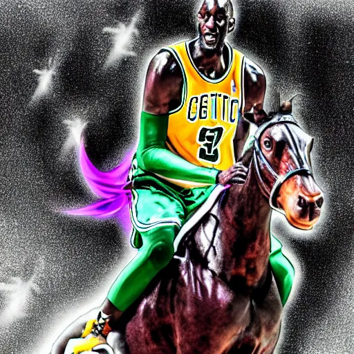 Prompt: Kevin Garnett Riding a Unicorn, Digital Art, Dramatic Lighting, Celtics Legend