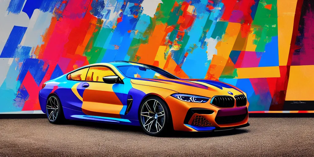 Image similar to bmw m 8 pop art painting, rtx, raytracing, 8 k, highly detailed, soft colors,