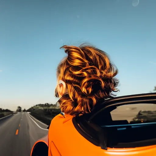 Image similar to a cinematic shot of a grown boy from behind his back looking out of his car window and his long hair flowing due to the wind, sky is orangish outside