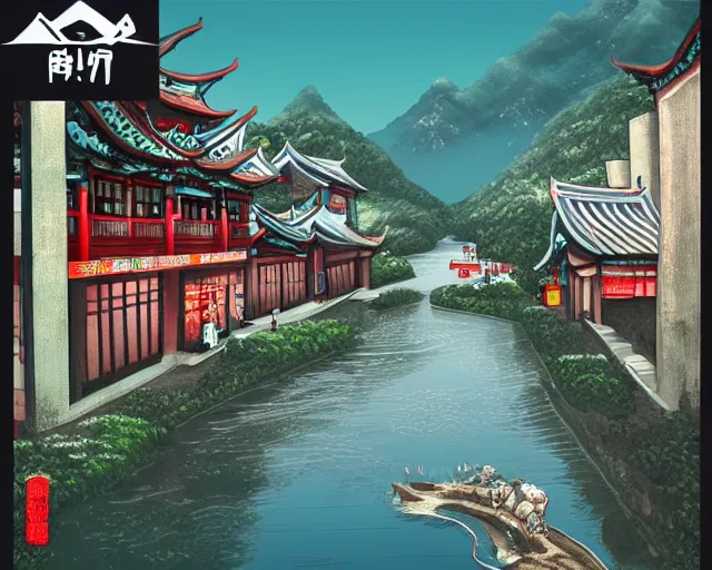 Image similar to artstation a graphic design of a little chinese town ， main road ， river