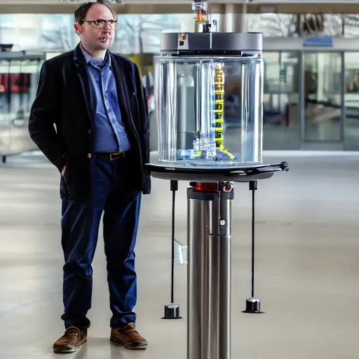 Image similar to A random pointless contraption pneumatic machine with no apparent purpose, being operated by a scholarly looking man with a clear directed gaze, XF IQ4, f/1.4, ISO 200, 1/160s, 8K, RAW, unedited, symmetrical balance, in-frame