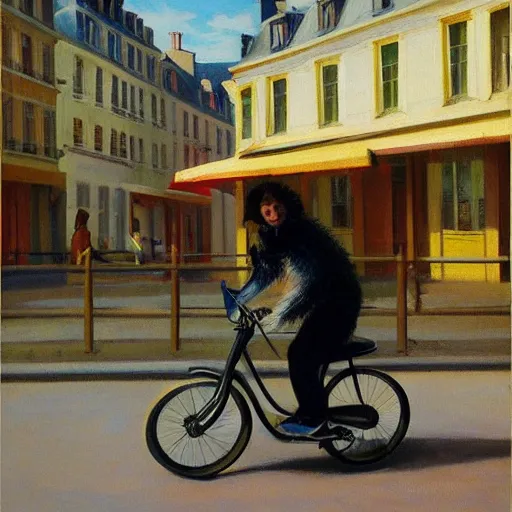 Image similar to young australian shepherd puppy riding a bike in paris. edward hopper. faithfully depicted, sharp focus, global illumination, radiant light, detailed and intricate environment, trending on artstation