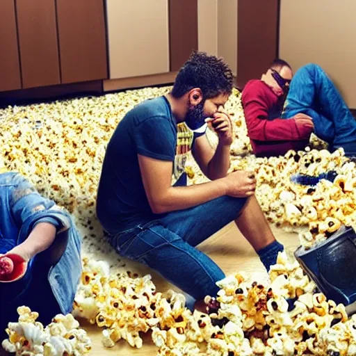 Prompt: photo of a man eating popcorn, another man on the floor with a broken back, another man on the floor vomiting all over himself, and another man breaking the roof