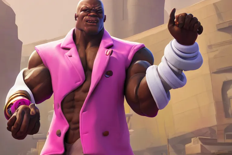 Image similar to doomfist, pink blazer, overwatch game, digital art, high detailed, unreal engine, artstation, 3 d render