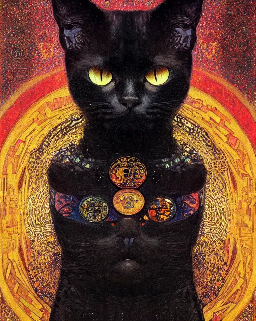 Image similar to black noir cat portrait an oil painting splashes with many colors and shapes by gustav klimt greg rutkowski and alphonse mucha, polycount, generative art, psychedelic, fractalism, glitch art