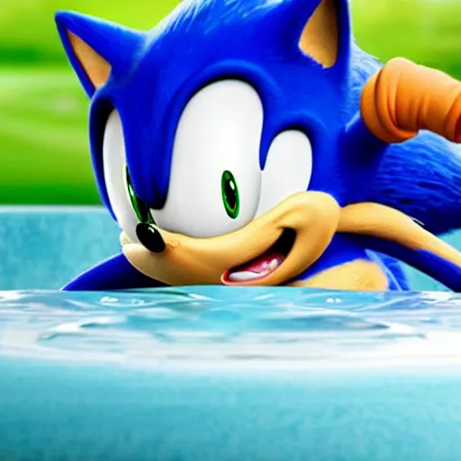 Image similar to sonic the hedgehog slipping in to a water puddle