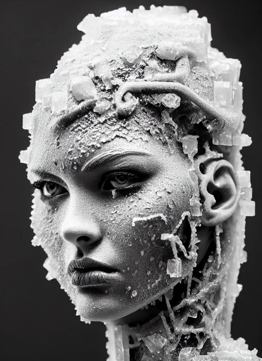 Image similar to a young female cyborg bust made of ice and fire and mud, dramatic, ilford hp 5, closeup - view, f / 2. 8, high contrast, 1 6 k, fluorescent lamp, contre - jour, insanely detailed and intricate, hypermaximalist, elegant, ornate, hyper realistic, super detailed