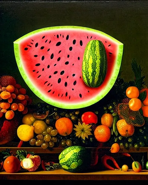 Image similar to interdimensional watermelon being made out of fruits, ethereal still life renaissance painting by giuseppe arcimboldo and alex grey