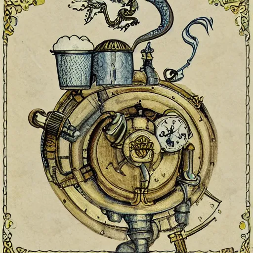 Prompt: a dragon with victorian brass water tanks and steam pipes on it's side, book illustration, white bacground in the style of beatrix potter