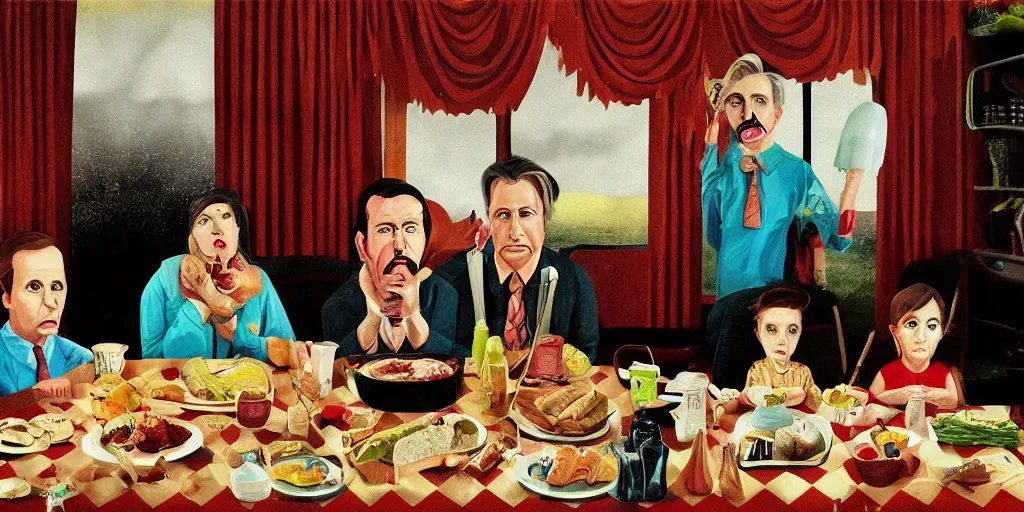 Image similar to A family lunch in the style of David Lynch, by Wes Anderson, surreal, concept art, wide angle, arstation