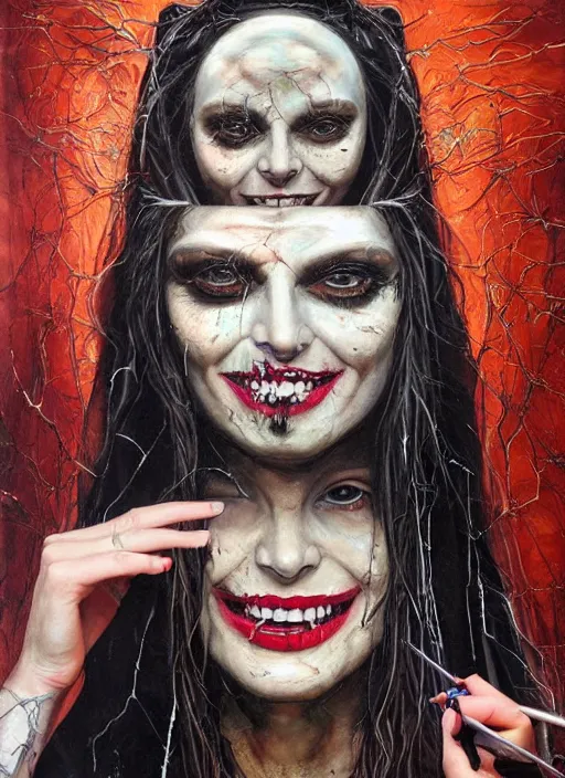 Prompt: cult magic psychic woman smiling, subjective consciousness psychedelic, epic surrealism expressionism symbolism story iconic, dark robed witch, oil painting, robe, symmetrical face, greek dark myth, by Sandra Chevrier, Nicola Samori, Jeff Legg masterpiece