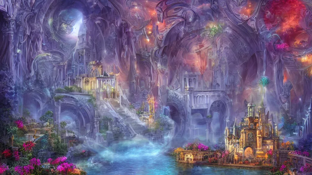 Image similar to beautiful secret city, illustration by anne stokes, colorful, matte painting 3 - d 4 kcreative design 8 k digital art