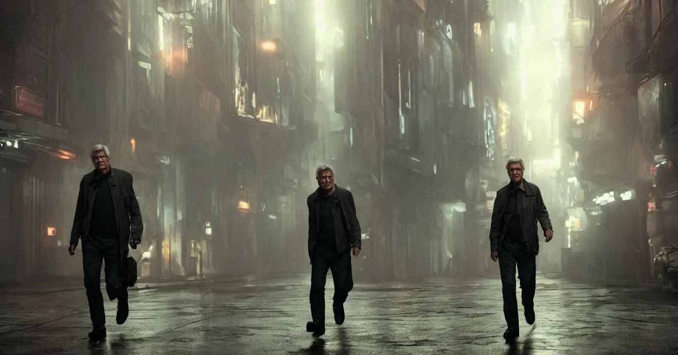 Prompt: Harrison Ford as Rick Deckard walking down alleyway, atmospheric lighting, dutch tilt, foggy, cinematic 4k