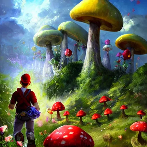 Image similar to portrait of Mario, running up a hill of exotic flowers in the Mushroom Kingdom, giant red and white spotted mushrooms, and roses, from behind, Castle in distance, birds in the sky, sunlight and rays of light shining through trees, beautiful, solarpunk!!!, highly detailed, digital painting by Michael Garmash and Peter Mohrbacher